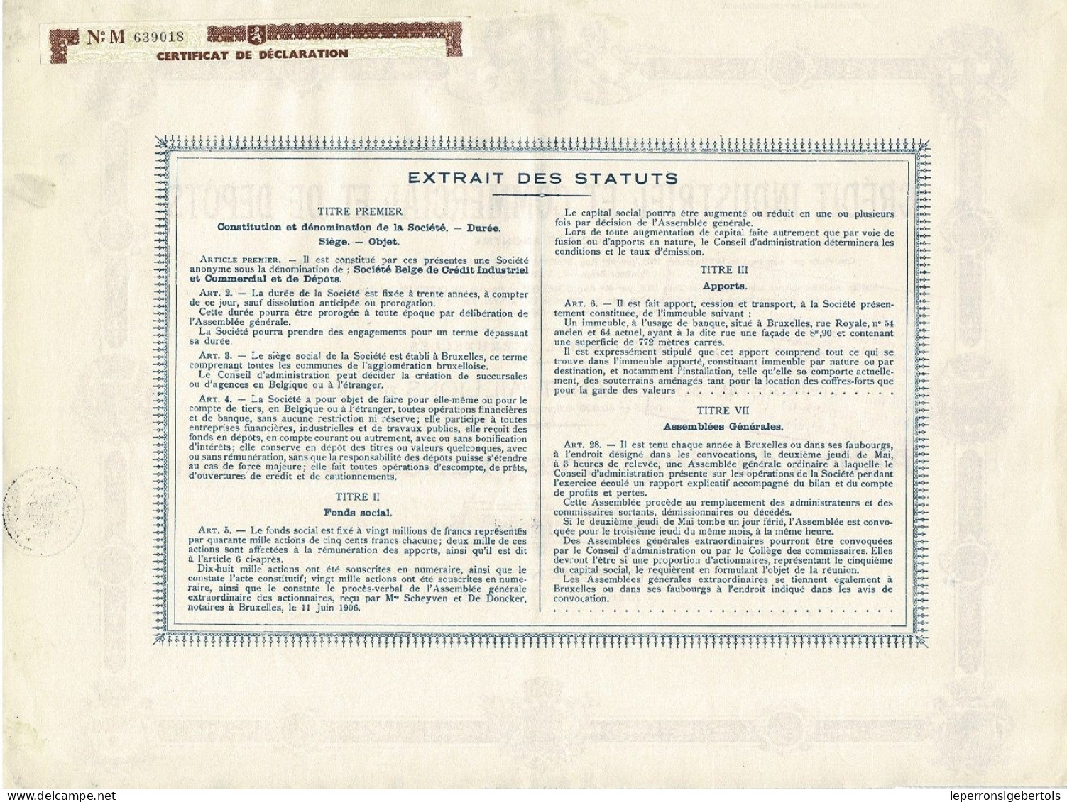 - Titre De 1933 - Société Belge De Crédit National Industriel Et Commercial Et De Dépôts - - Banca & Assicurazione