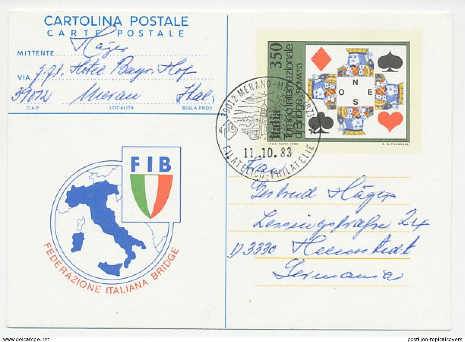 Postal Stationery Italy 1983 Card Play - Bridge - Sin Clasificación