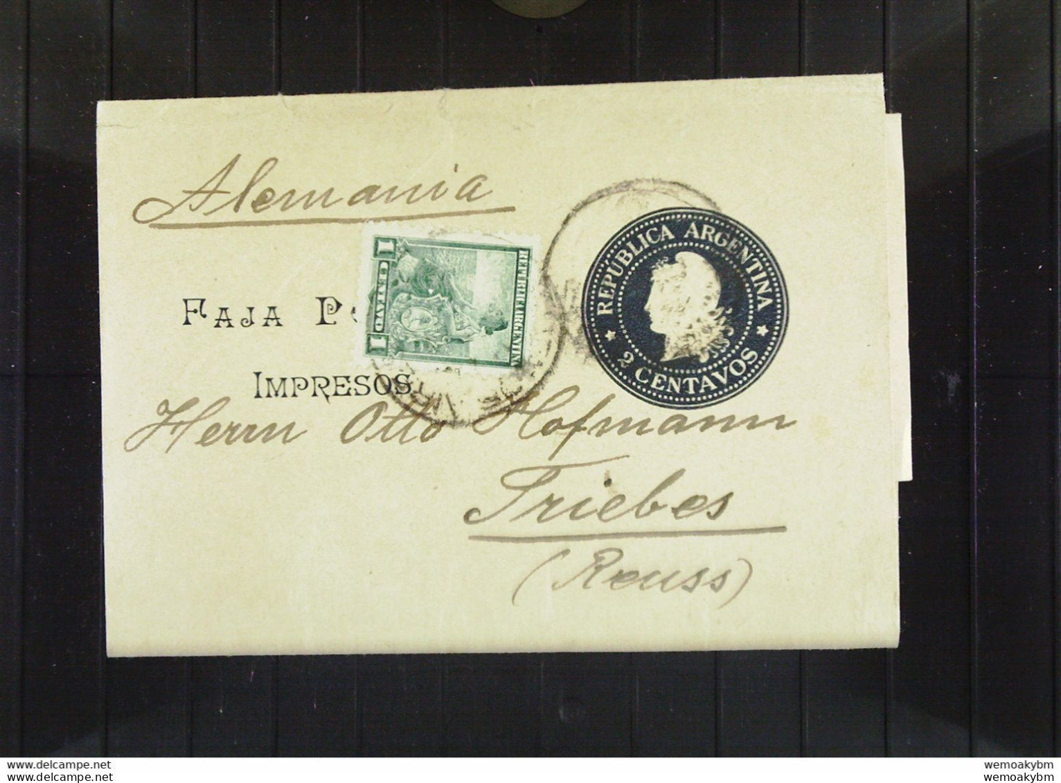 Argentinien: Ganzsache-(Zeitungs) Bandarole (12 X 8,4) Mit 2 Centavos Und Zusatzmke 1 Centavo Nach Triebes/Reuss (Thür.) - Lettres & Documents