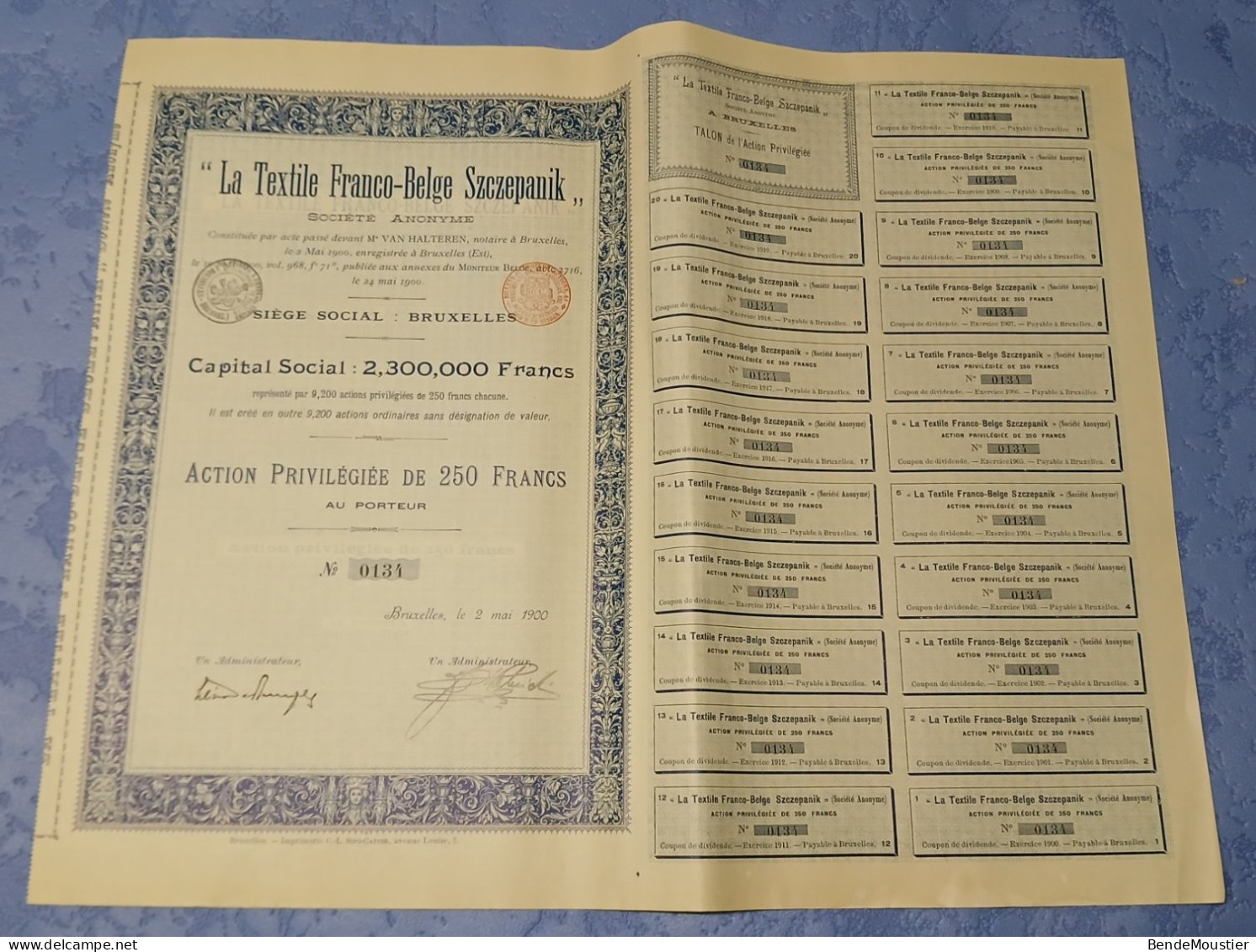 La Textile Franco-Belge Szczepanik S.A. - Action Privilégiée De 250 Frs Au Porteur - Bruxelles 1900 - Tessili