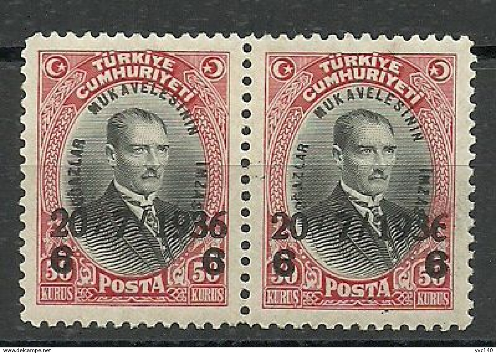 Turkey; 1936 Surcharged Commemorative Stamp For The Signature Of The Straits Settlement "Thick Surcharge" (Pair) - Ungebraucht