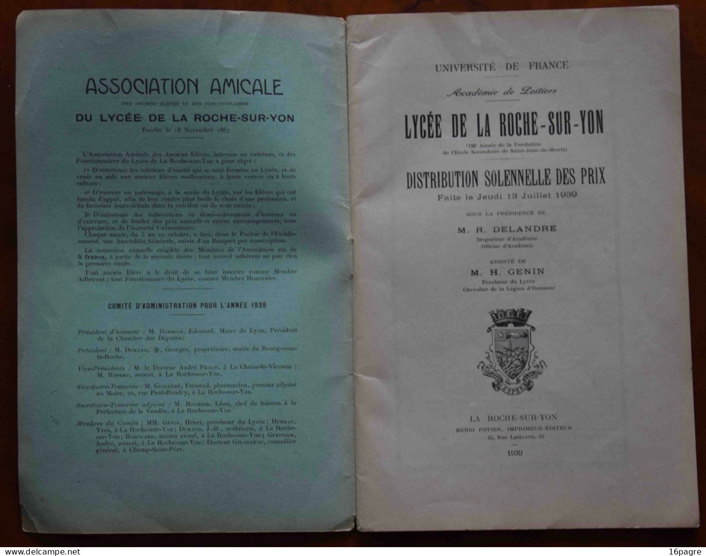 RARE DISTRIBUTION SOLENNELLE DES PRIX, LYCÉE LA ROCHE-SUR-YON. JUILLET 1939, VENDÉE, ACADÉMIE POITIERS - Diplômes & Bulletins Scolaires