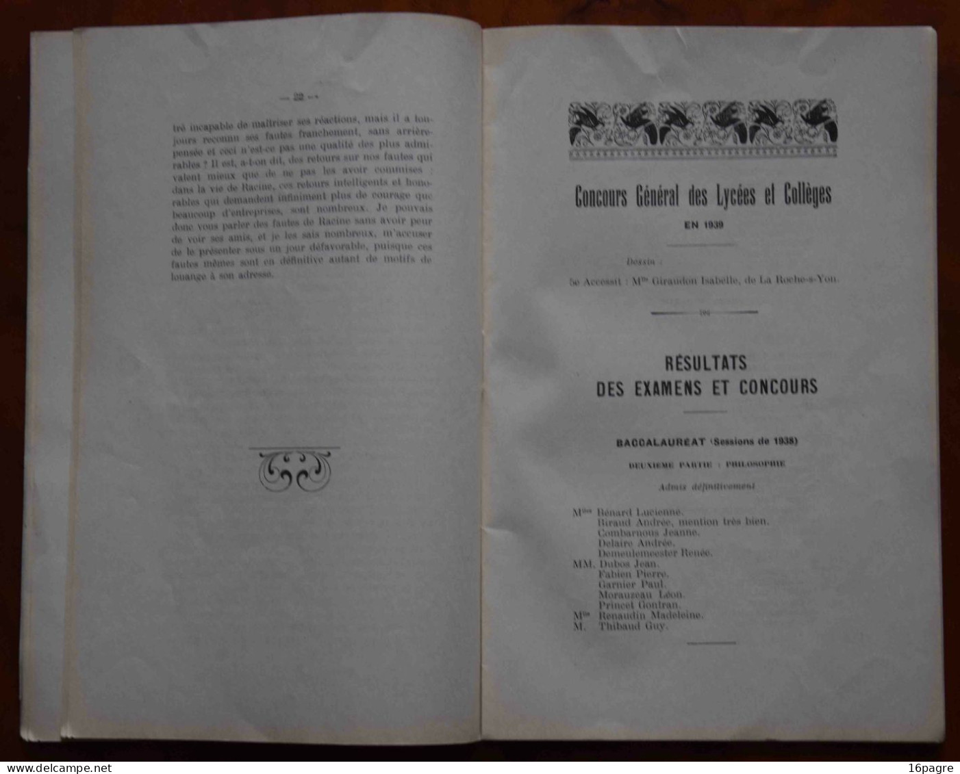 RARE DISTRIBUTION SOLENNELLE DES PRIX, LYCÉE LA ROCHE-SUR-YON. JUILLET 1939, VENDÉE, ACADÉMIE POITIERS