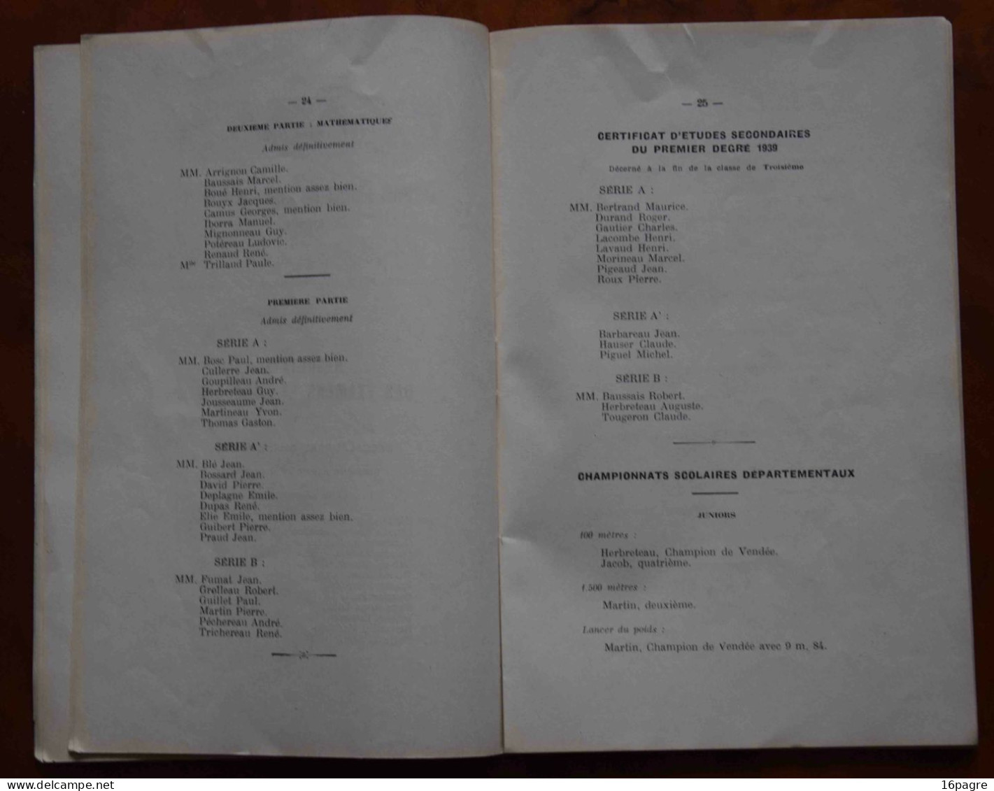RARE DISTRIBUTION SOLENNELLE DES PRIX, LYCÉE LA ROCHE-SUR-YON. JUILLET 1939, VENDÉE, ACADÉMIE POITIERS
