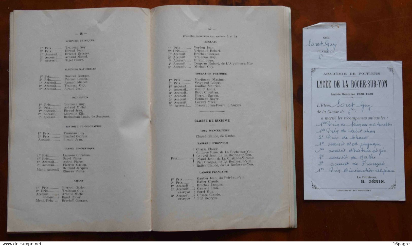 RARE DISTRIBUTION SOLENNELLE DES PRIX, LYCÉE LA ROCHE-SUR-YON. JUILLET 1939, VENDÉE, ACADÉMIE POITIERS