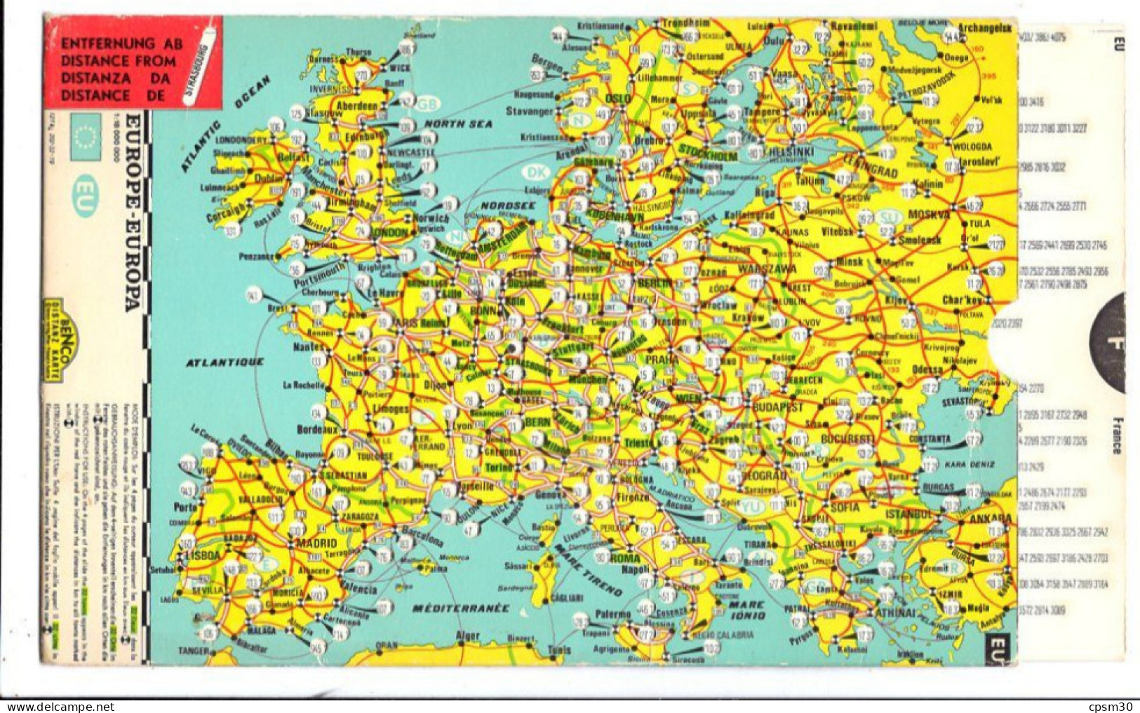 Carte Distancier France / Europe Pneus Services & Leclerc Pneus1970/80 échelle 1/18.000.000 - Callejero