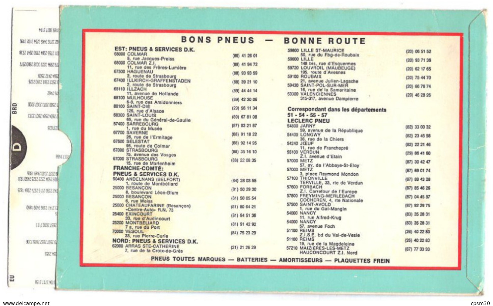 Carte Distancier France / Europe Pneus Services & Leclerc Pneus1970/80 échelle 1/18.000.000 - Carte Stradali