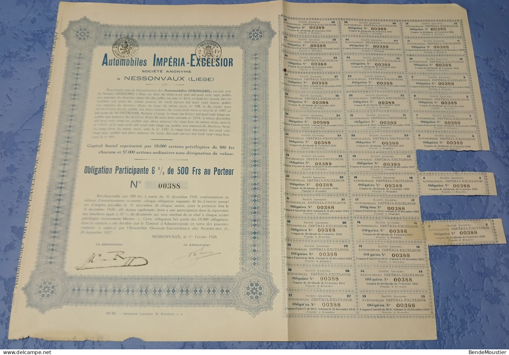 Automobiles Impéria - Excelsior S.A. -  Obligation Participante 6 % De 500 Frs Au Porteur - Nessonnvaux (Liége) 1928. - Automobile