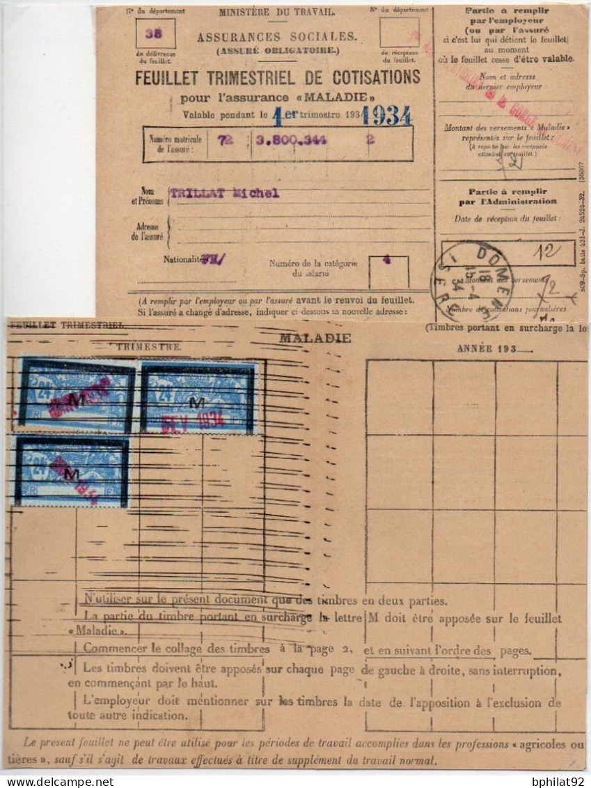 !!! FISCAUX SOCIAUX POSTAUX : 2 DOCUMENTS FEUILLETS TRIMESTRIELS DE COTISATIONS ASSURANCE MALADIE 1934 - Briefe U. Dokumente