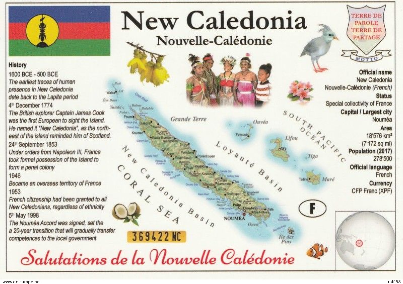 1 Map Of New Caledonia * 1 Ansichtskarte Mit Der Landkarte Von Neukaledonien Mit Informationen Und Der Flagge Des Landes - Landkarten