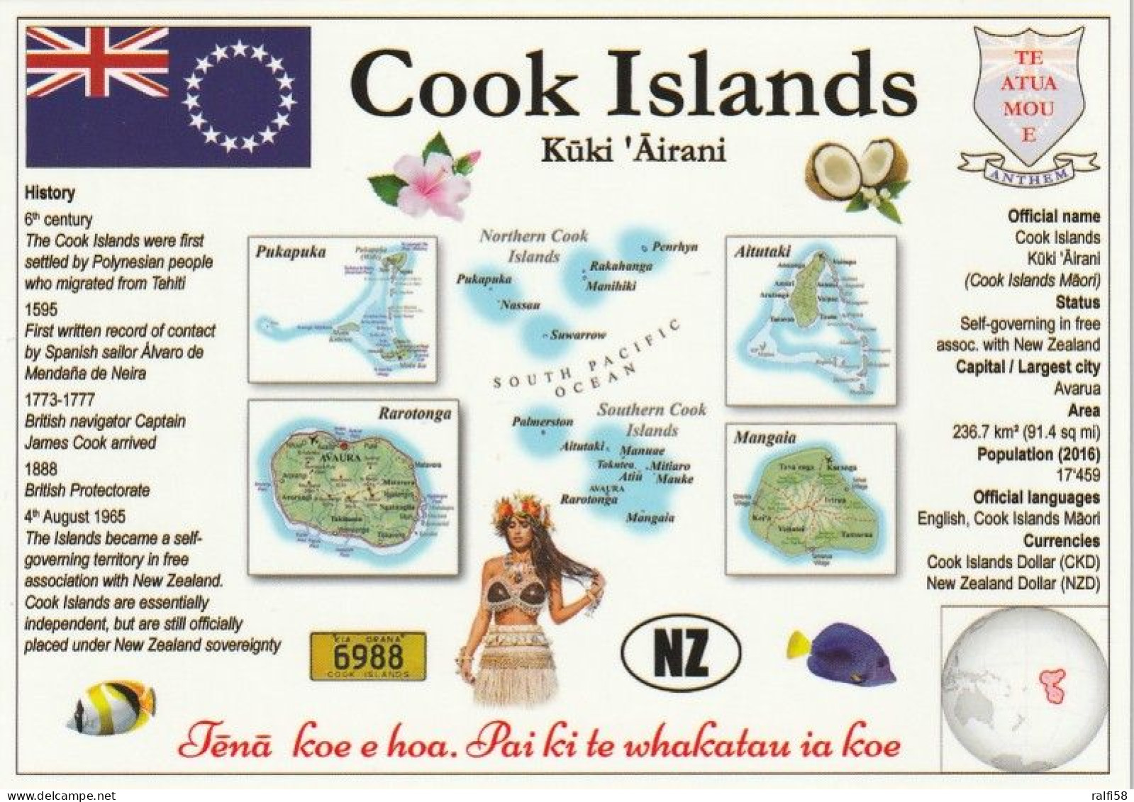 1 Map Of Cook Islands * 1 Ansichtskarte Mit Der Landkarte Von Den Cook Islands  Informationen Und Der Flagge Des Landes - Maps