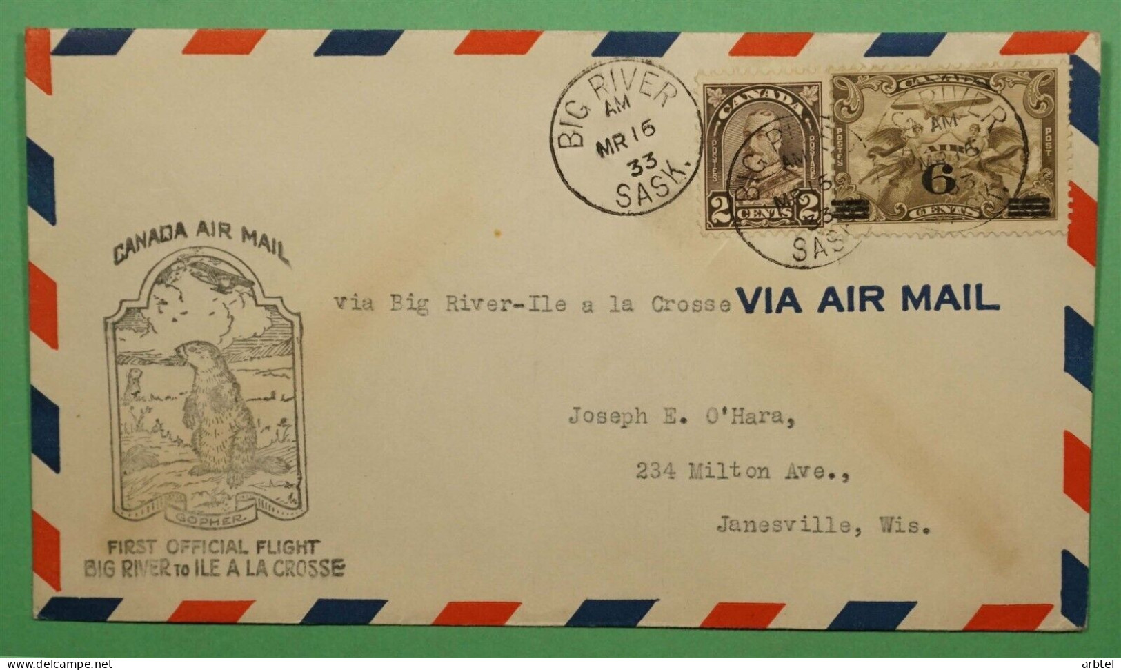 CANADA PRIMER VUELO 1933 BIG RIVER A ILE A LA CROSSE GOPHER ROEDOR MAMIFERO - Roditori