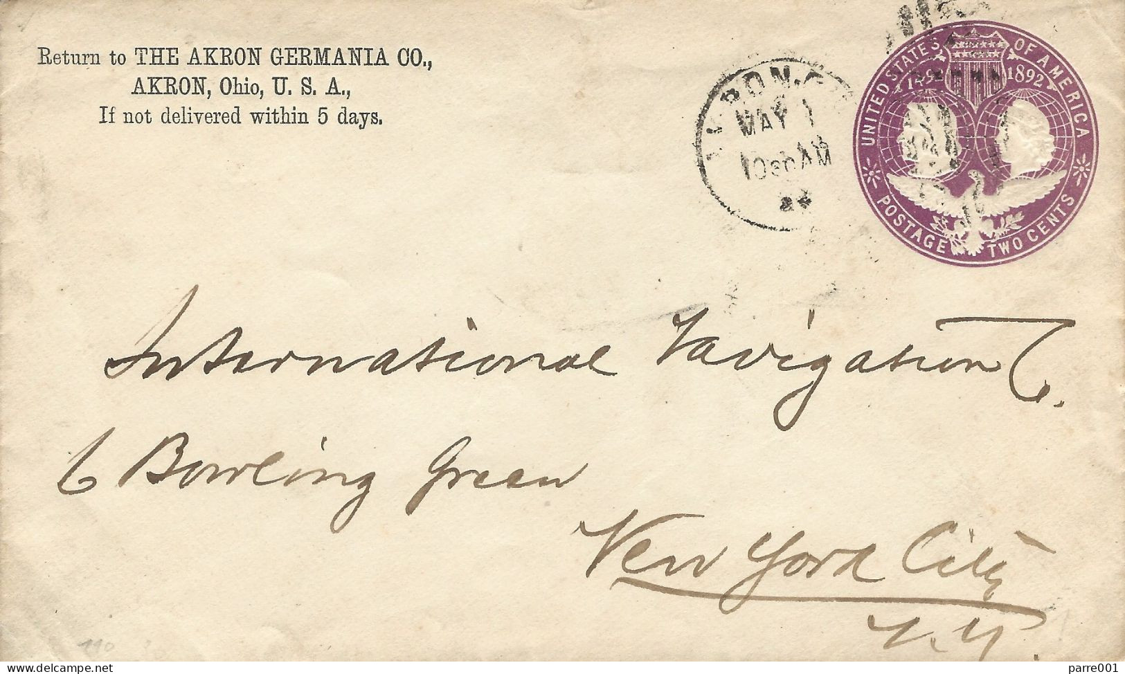 USA 1893 Akron Ohio 400 Years Christopher Columbus Discovery Americas 2c Postal Stationary Cover - Cristóbal Colón