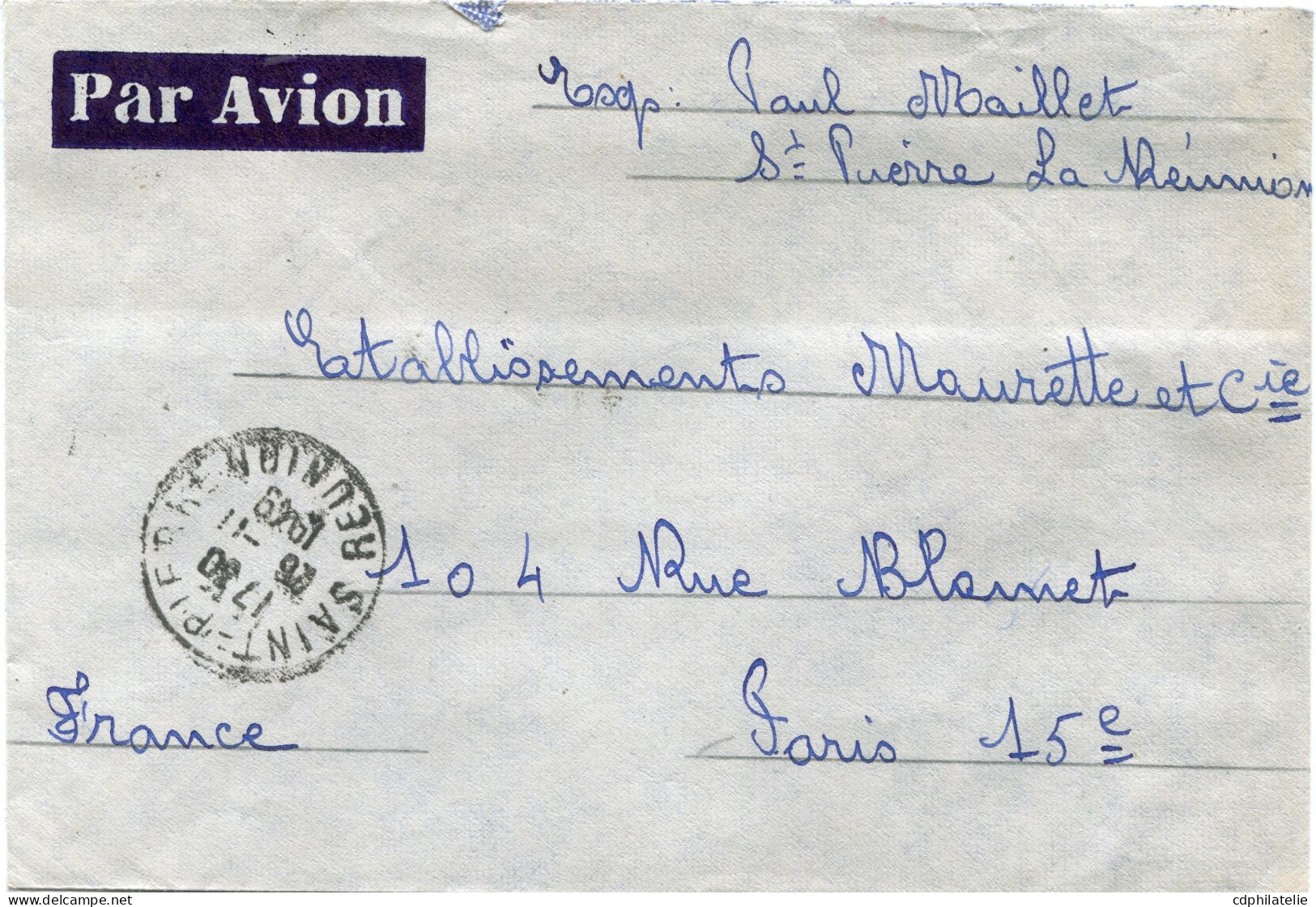 REUNION LETTRE PAR AVION AVEC AFFRANCHISSEMENT AU DOS DEPART SAINT-PIERRE 26-11-1949 REUNION POUR LA FRANCE - Cartas & Documentos