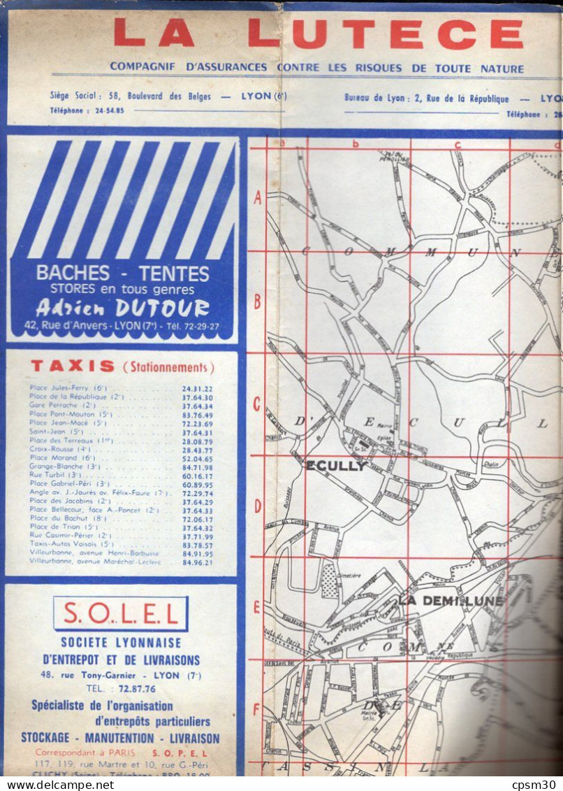 Carte Plan De Lyon, Avec Publicité Sur Le Tour, Environ 1970/1980 - Strassenkarten