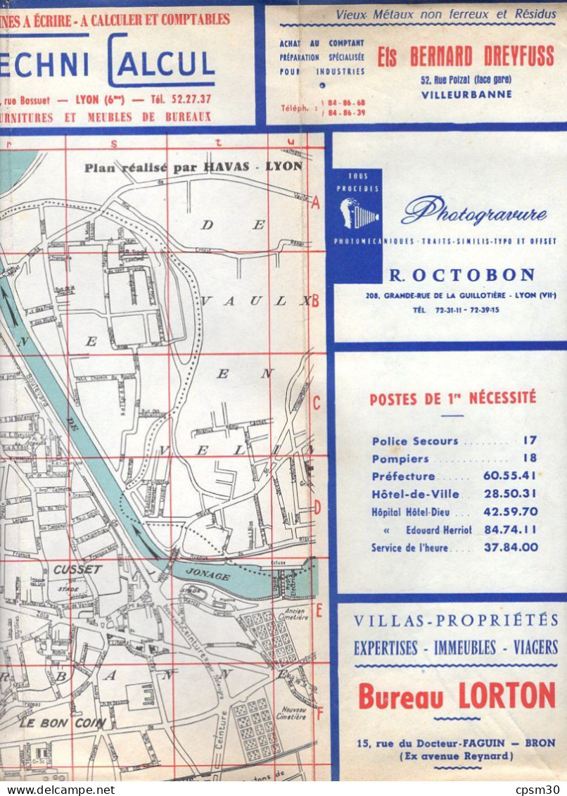 Carte Plan De Lyon, Avec Publicité Sur Le Tour, Environ 1970/1980 - Callejero