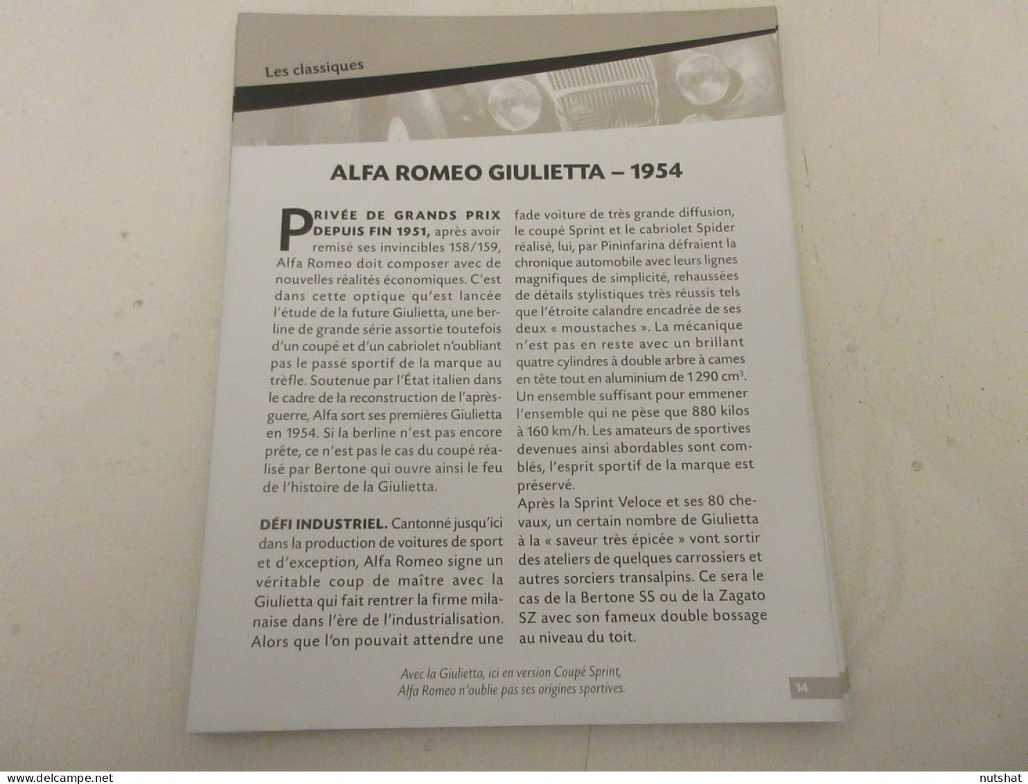 VOITURE CARTE ILLUSTREE 014 ALFA ROMEO GIULIETTA 1954. MODELE COUPE SPRINT - Auto/Motor
