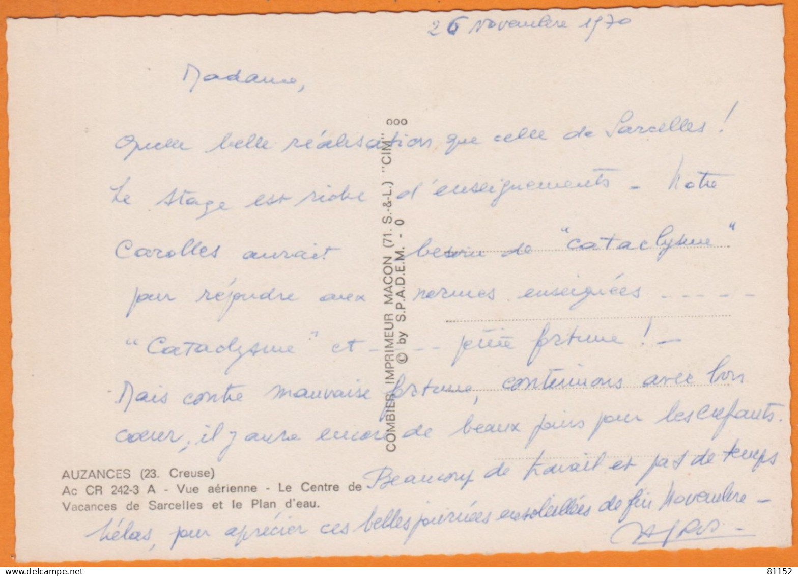 CPSM  De 23 AUZANCES " Vue Aérienne  Le Centre De Vacances De Sarcelles  Et Le Plan D'eau "  Le 26 Nov 1970 - Auzances