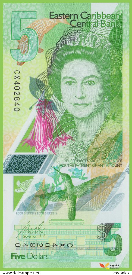 Voyo EAST CARIBBEAN 5 Dollars ND/2021 P56 B240a CX UNC Polymer Queen Elisabeth II - Caraibi Orientale