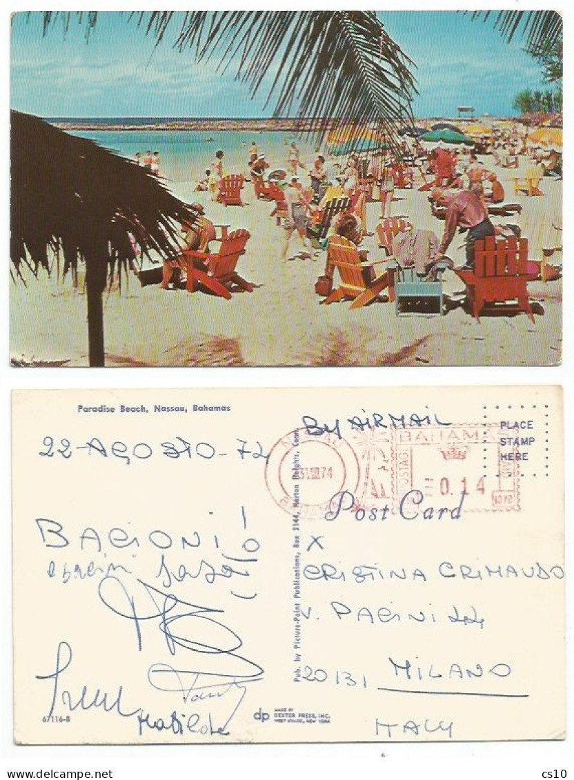 Bahamas Nassau Paradise Beach Color Pcard Red Meter EMA 23jul1974 C.14 X Italy - Bahama's