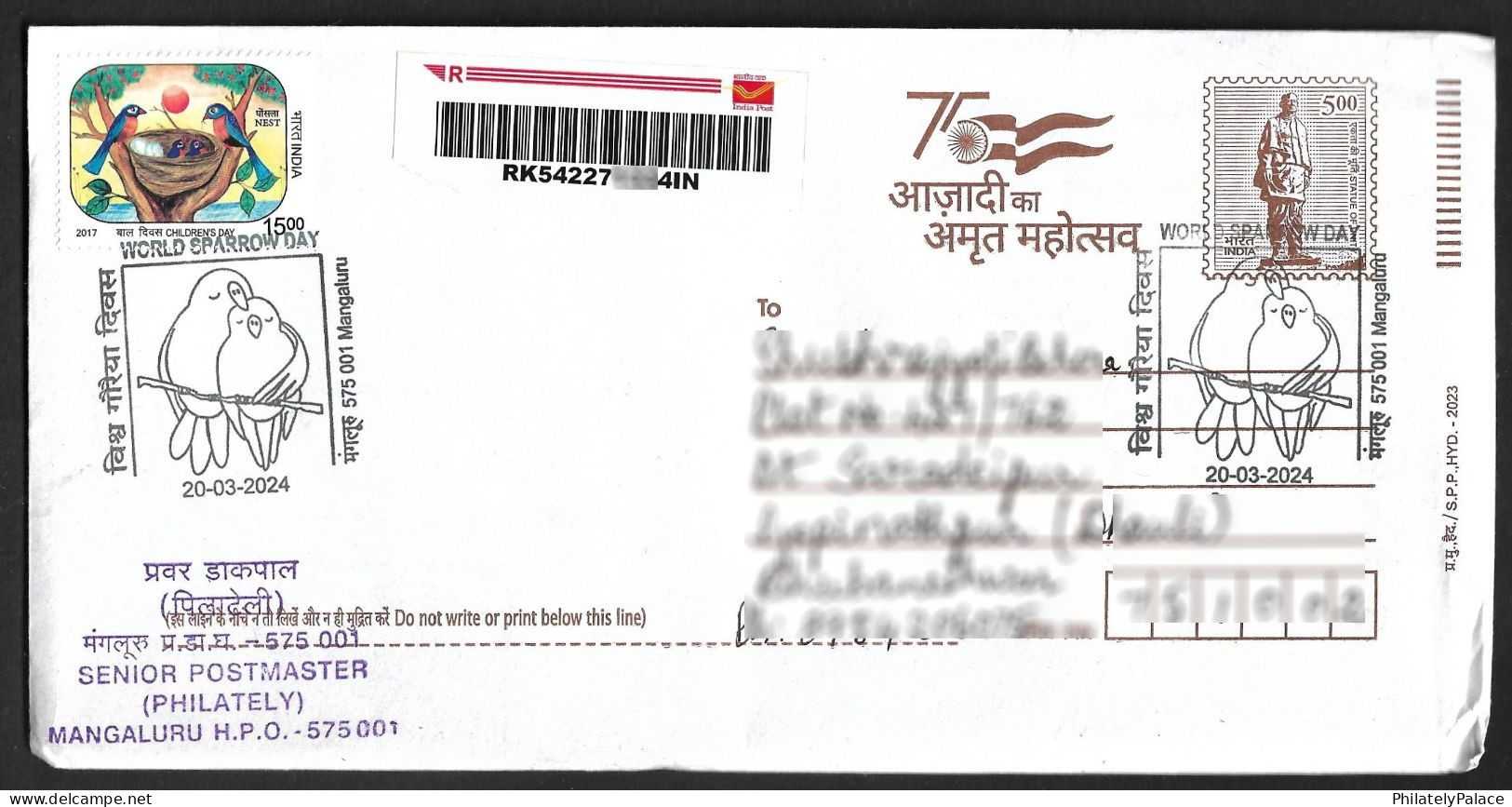 India 2024 World Sparrow, Bird,20th March, Environment, Animal, Registered Cover (**) (**) Inde Indien - Storia Postale