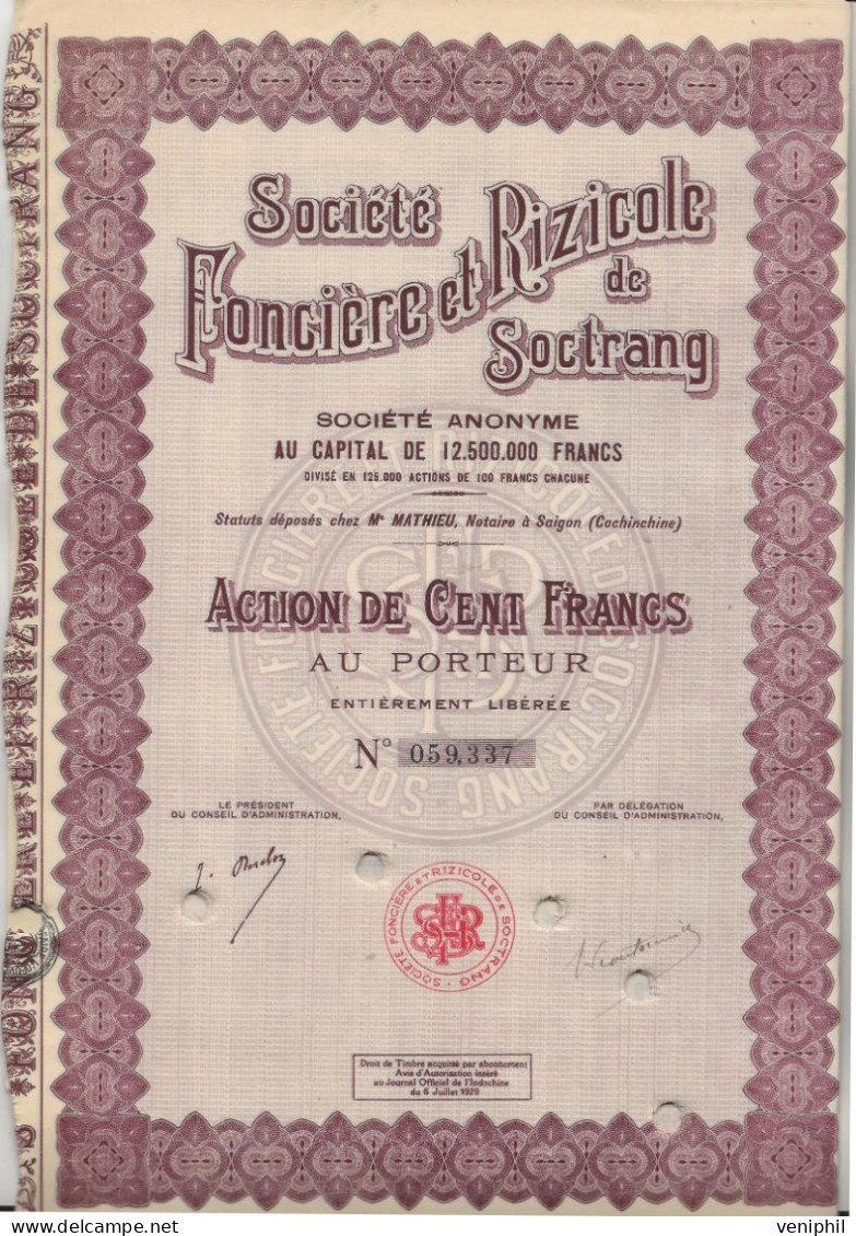 SOCIETE FONCIERE ET RIZICOLE DE SOCTRANG ( SAIGON -COCHINCHINE) 1929 - Agricoltura