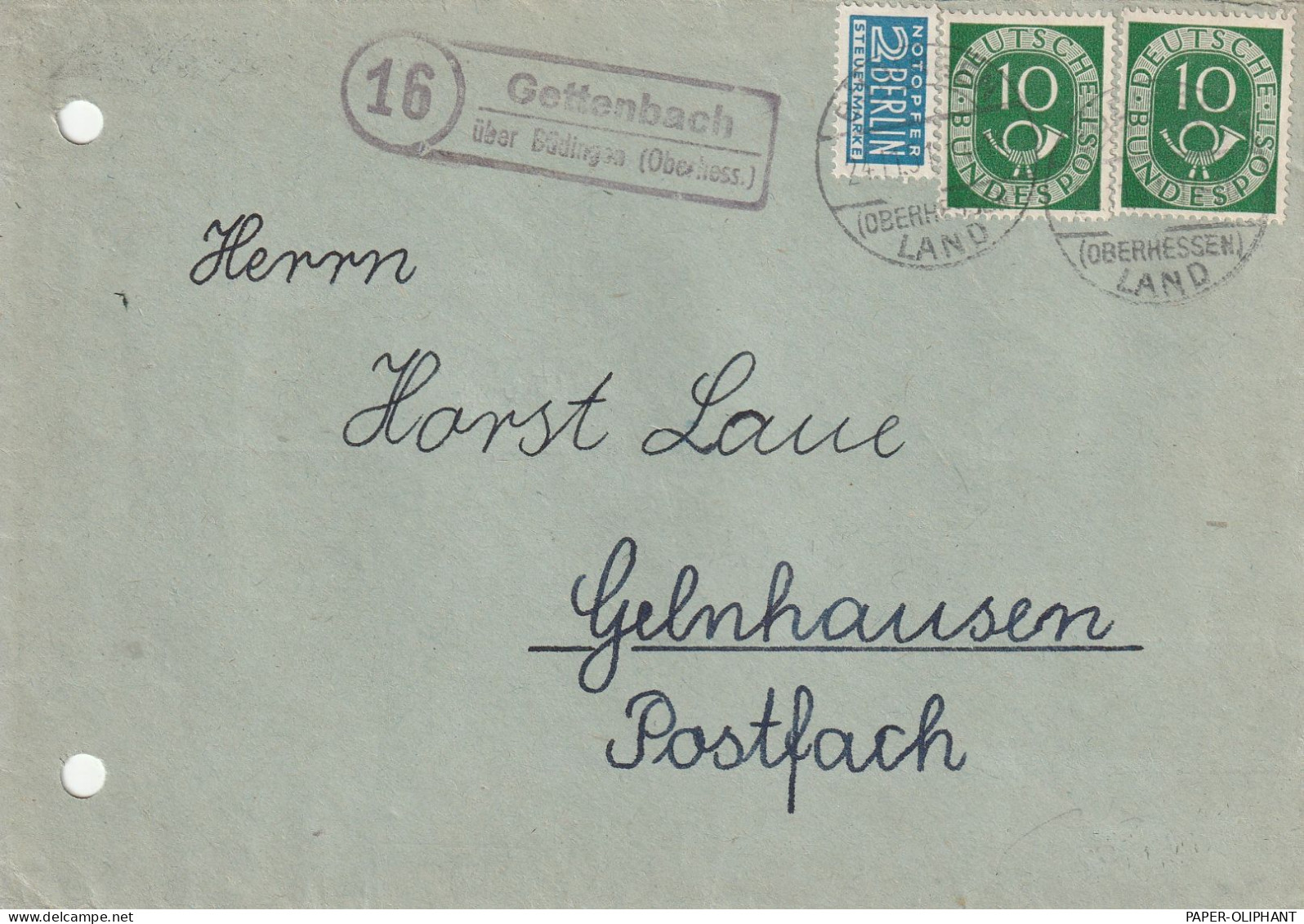 6466 GRÜNDAU - GETTENBACH, Postgeschichte, "Landpoststempel "Gettenbach über Büdingen", 1951 - Gelnhausen