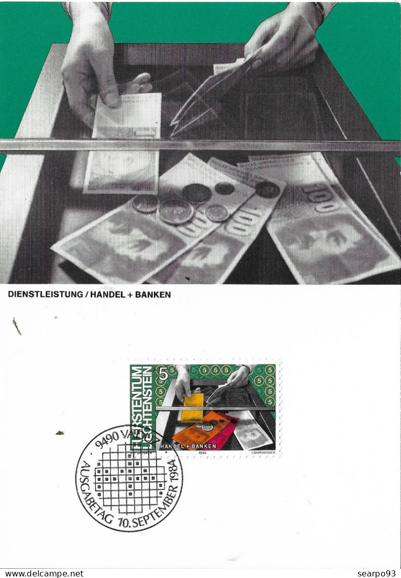 LIECHTENSTEIN. MAXICARD FIRST DAY. OCCUPATIONS: BANKING AND TRADING. 1984 - Cartas Máxima
