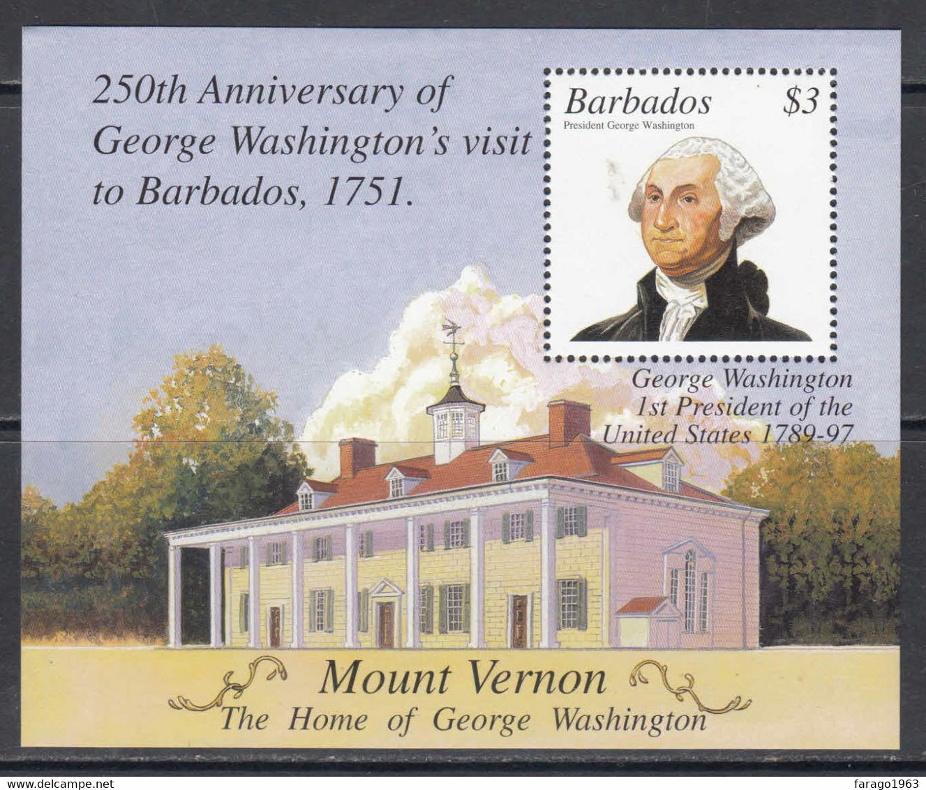 2001 Barbados George Washington Mount Vernon USA Souvenir Sheet  MNH - Barbados (1966-...)