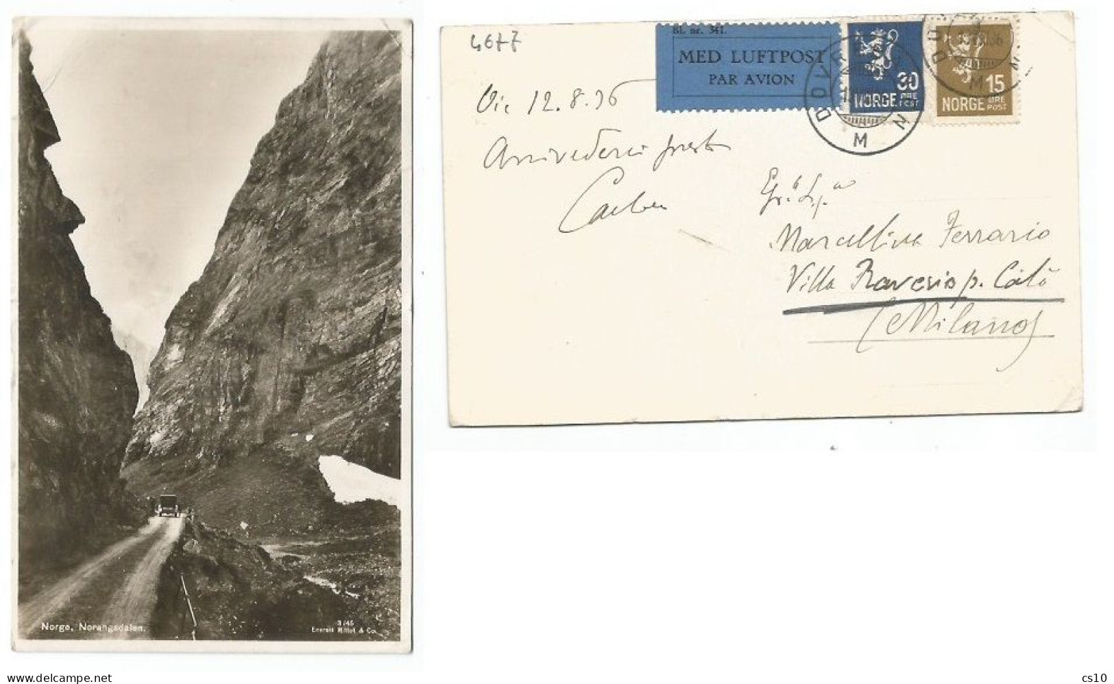 Norway Norge B/w Pcard Norangsdalen Via Airmail Luftpost Dovreban 13aug1936 X Italy With Lion O30+o15 - Covers & Documents