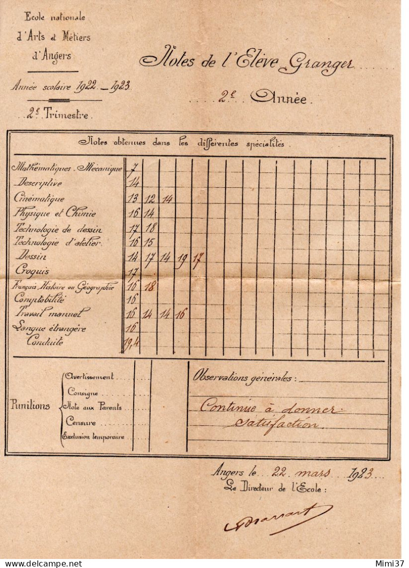 ECOLE DES ARTS ET METIERS D'ANGERS RELEVE DE NOTES  D'UN ELEVE DEUXIEME ANNEE 1922 1923 - Diploma's En Schoolrapporten