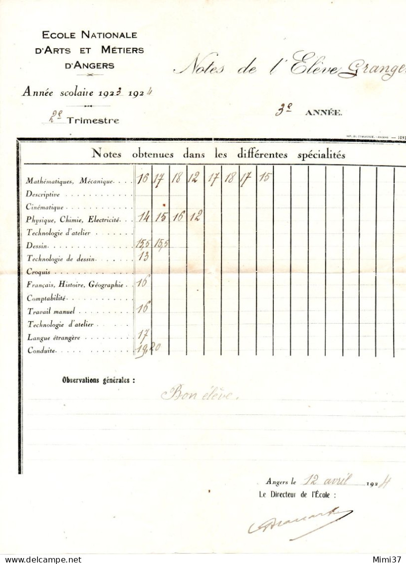 ECOLE DES ARTS ET METIERS D'ANGERS RELEVE DE NOTES  D'UN ELEVE TROISIEME ANNEE 1923 1924 - Diplomi E Pagelle