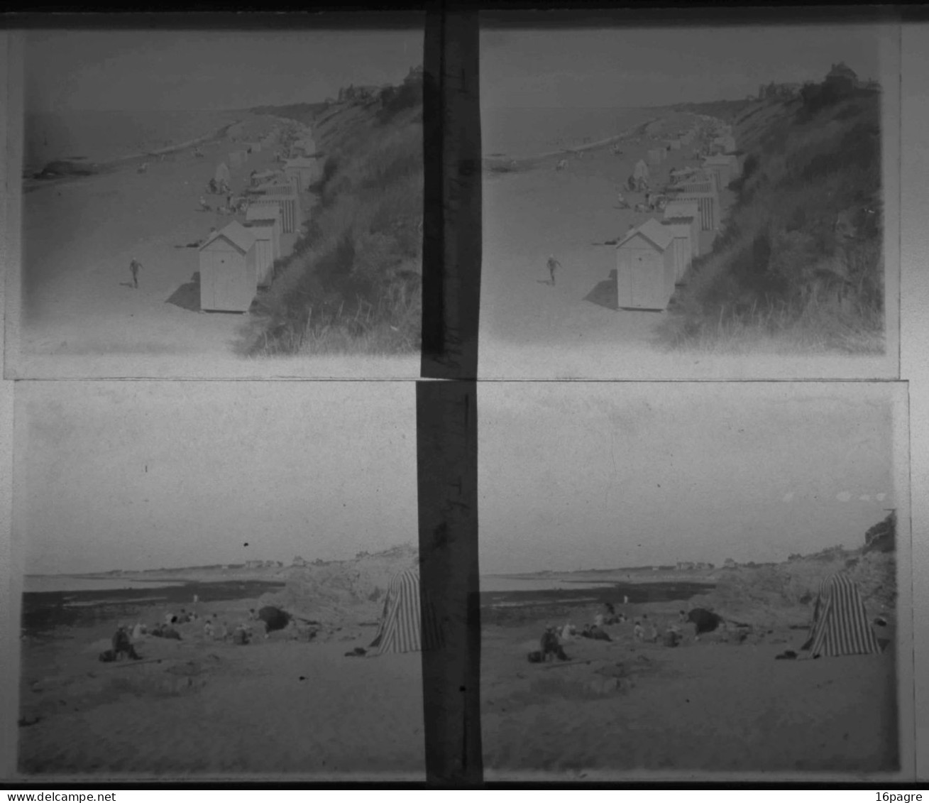 LOT DE DEUX PLAQUES DE VERRE STÉRÉO. PLAGE DE THARON AVEC CABINES ET TENTES. 1929. LOIRE-ATLANTIQUE - Glass Slides