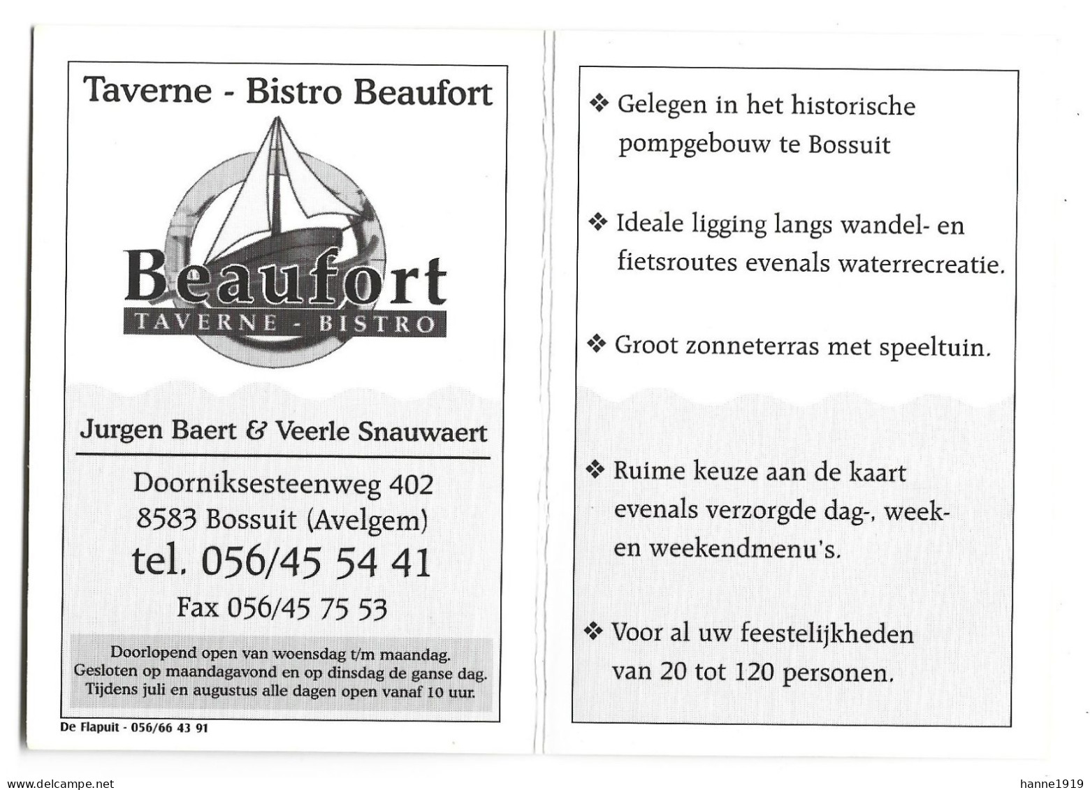 Avelgem Bossuit Doorniksesteenweg Taverne Bistro Beaufort Visitekaartje Etiquette Htje - Cartes De Visite