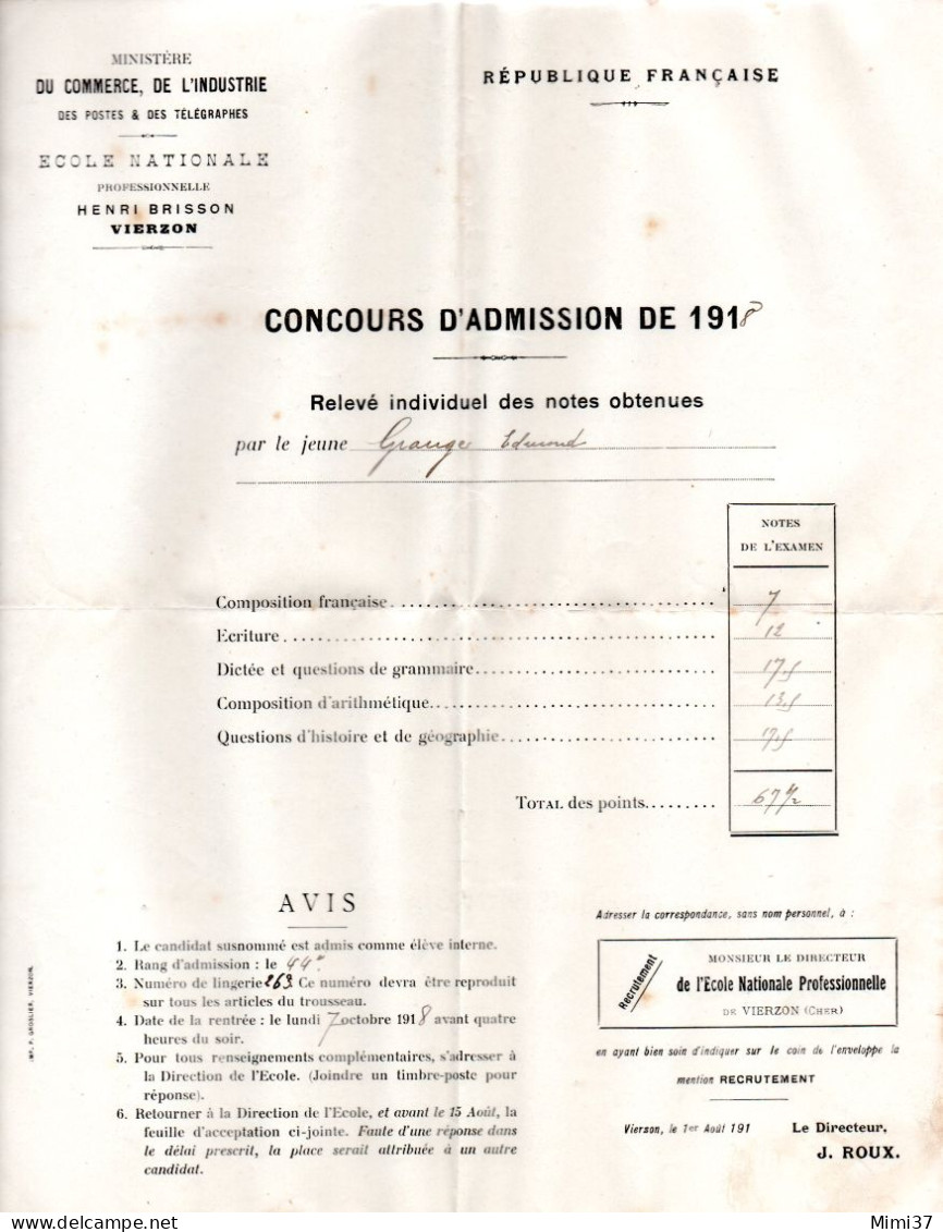 VIERZON ECOLE NATIONALE PROFESSIONNELLE H. BUISSON CONCOURS D'ADMISSION RELEVE DE NOTES OBTENUES PAR L'ELEVE  1918 - Diplomi E Pagelle