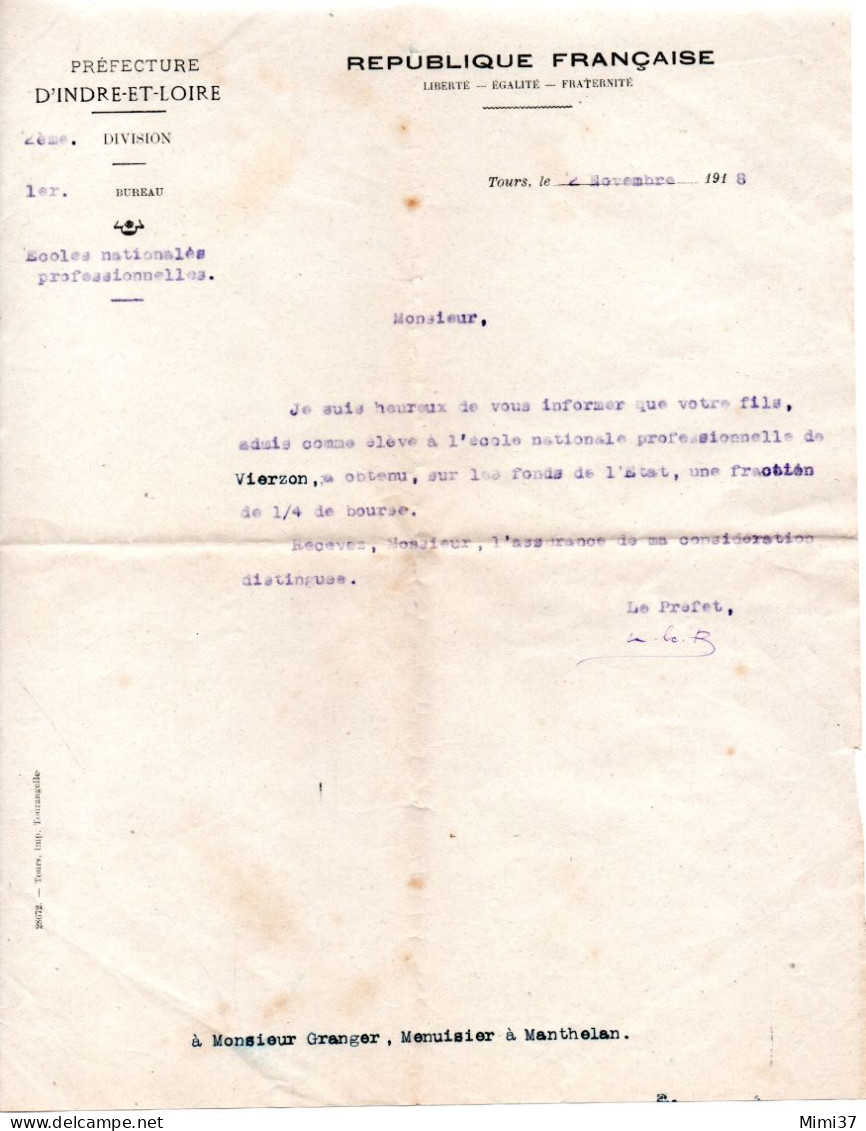 VIERZON ECOLE NATIONALE PROFESSIONNELLE H. BUISSON ATTRIBUTION DE BOURSE SIGNEE PAR LE PREFET INDRE-LOIRE NOVEMBRE 1918 - Diplomi E Pagelle