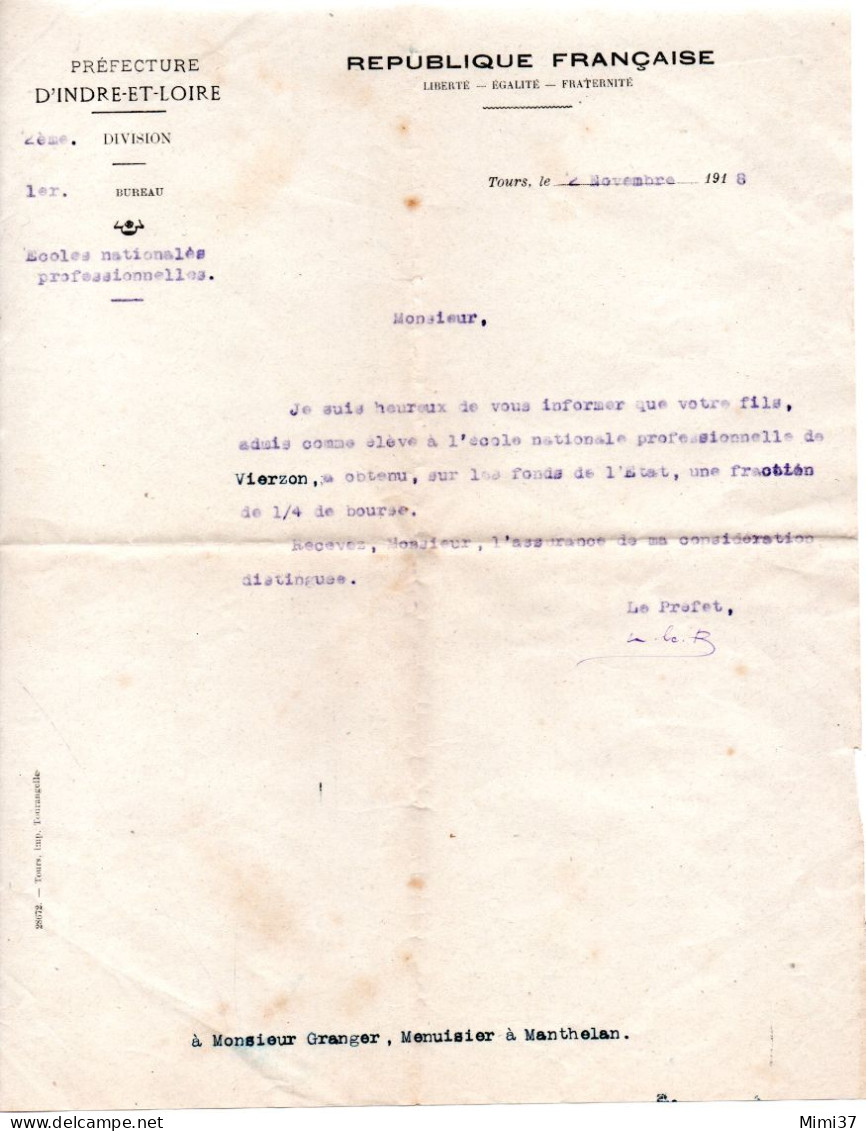 VIERZON ECOLE NATIONALE PROFESSIONNELLE H. BUISSON ATTRIBUTION DE BOURSE SIGNEE PAR LE PREFET INDRE-LOIRE NOVEMBRE 1918 - Diploma's En Schoolrapporten