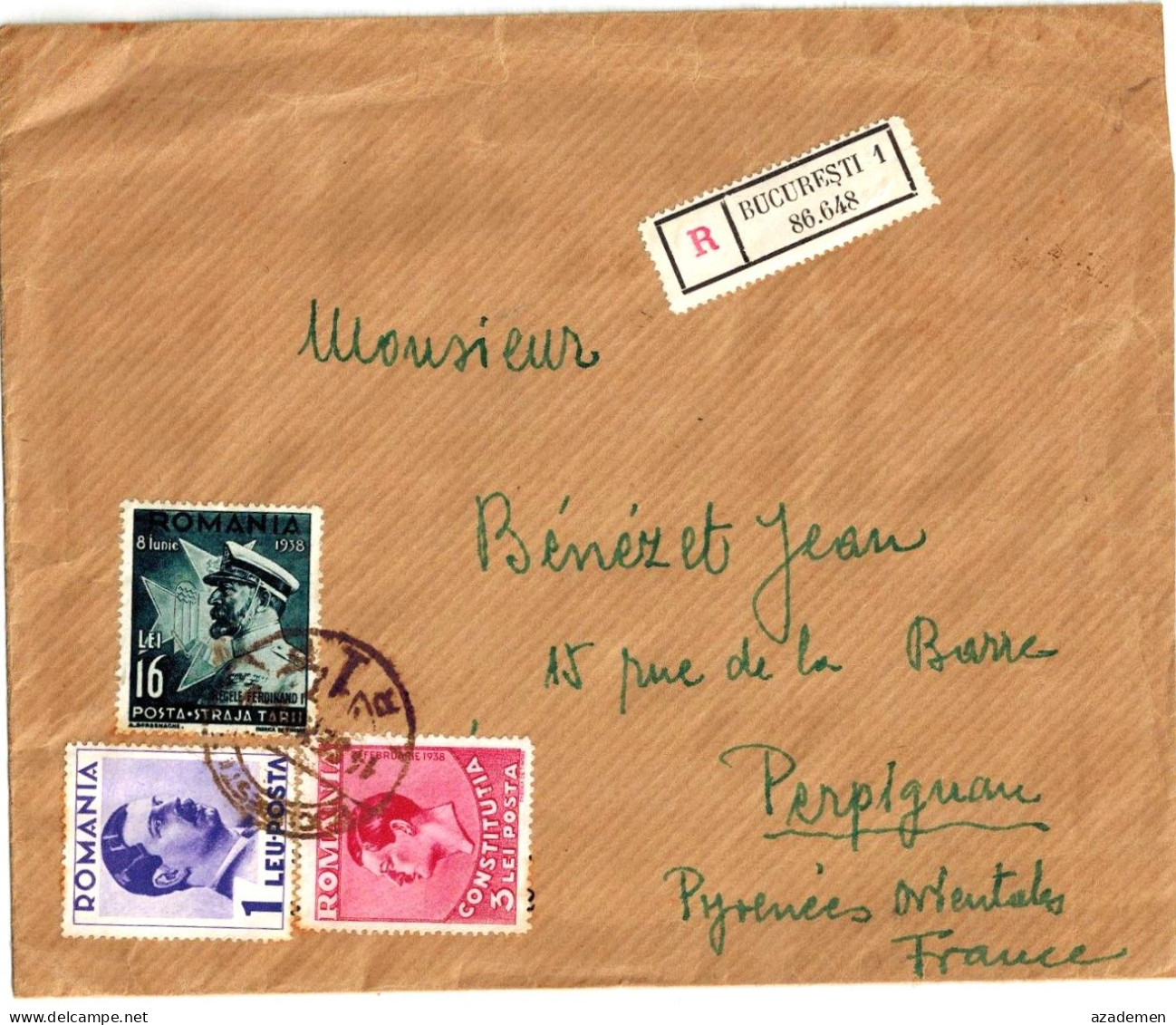 BUCURESTI, Lettre Recommandée Pour La France 1938 - Storia Postale