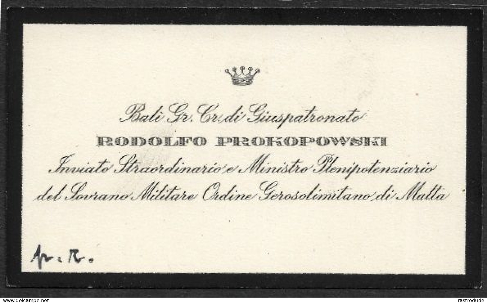 CARTE DE VISITE - RODOLFO PROKOPOWSKI INVIATO STRAORDINARIO E MINISTRO PLENIPOTENZIARIO DEL  MILITARE ORDINE DI MALTA - Cartes De Visite