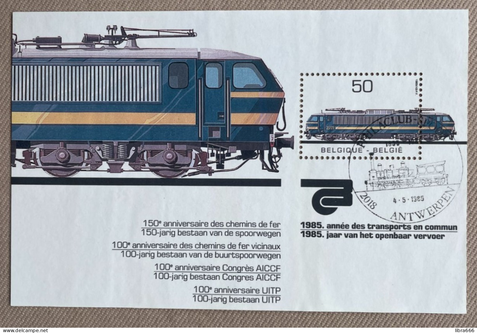 B 1985 Mi.Nr. Block 61 (2174) Postfris - Jaar Van Het Openbaar Vervoer - Afstempeling Antwerpen (Philaclub Spoor) - 1961-2001