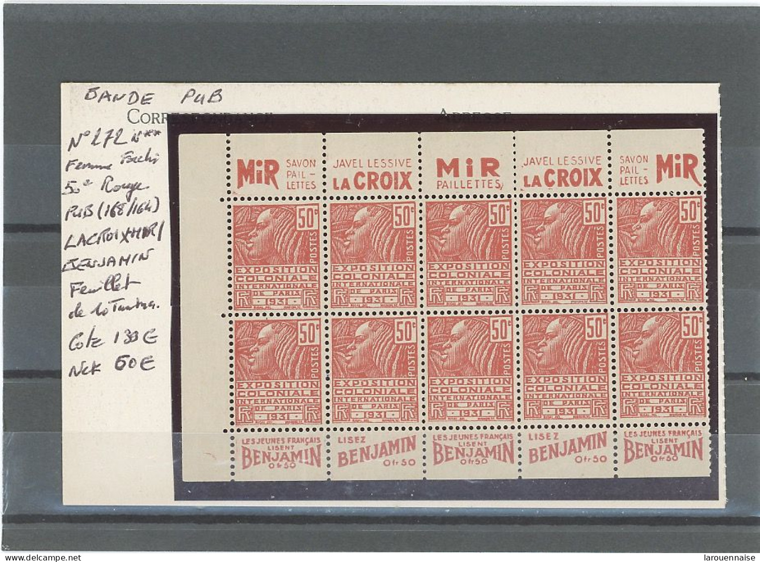 BANDE PUB -N°272  N**-FEMME FACHI 50c ROUGE PUB (168 /164) LACROIX -MIR / BENJAMIN  - FEUILLET DE 10 TIMBRES - Unused Stamps