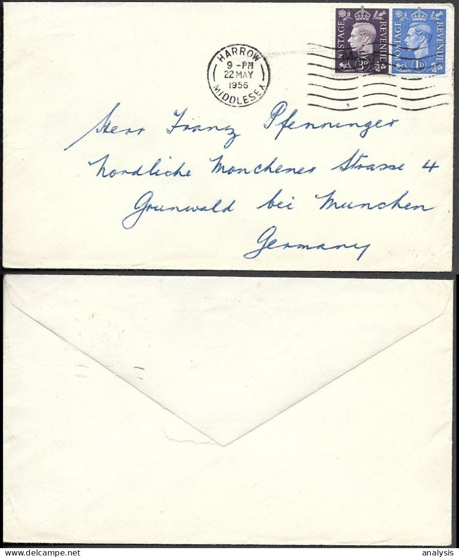 England Harrow Cover Mailed To Germany 1956. MEF Ovpr Stamp Middle East Forces - Covers & Documents