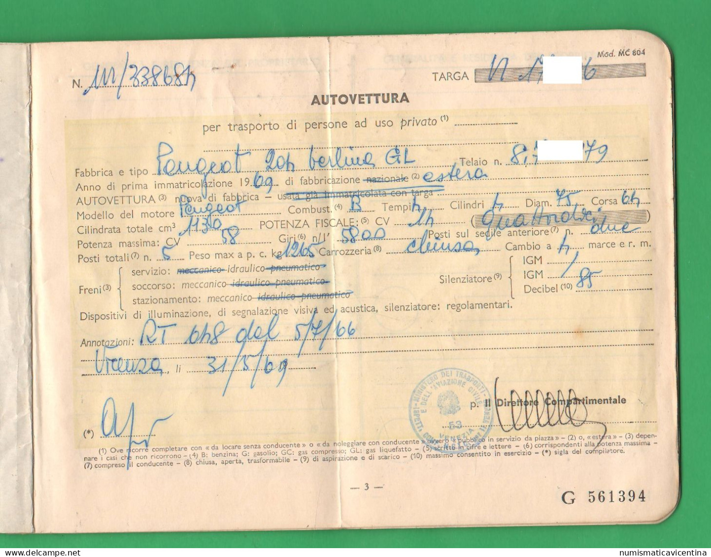 Libretto Auto Peugeot 204 Del 1969 + Foglio Complementare Documenti Auto Carte Grise Peugeot 204 Carta Circolazione - KFZ