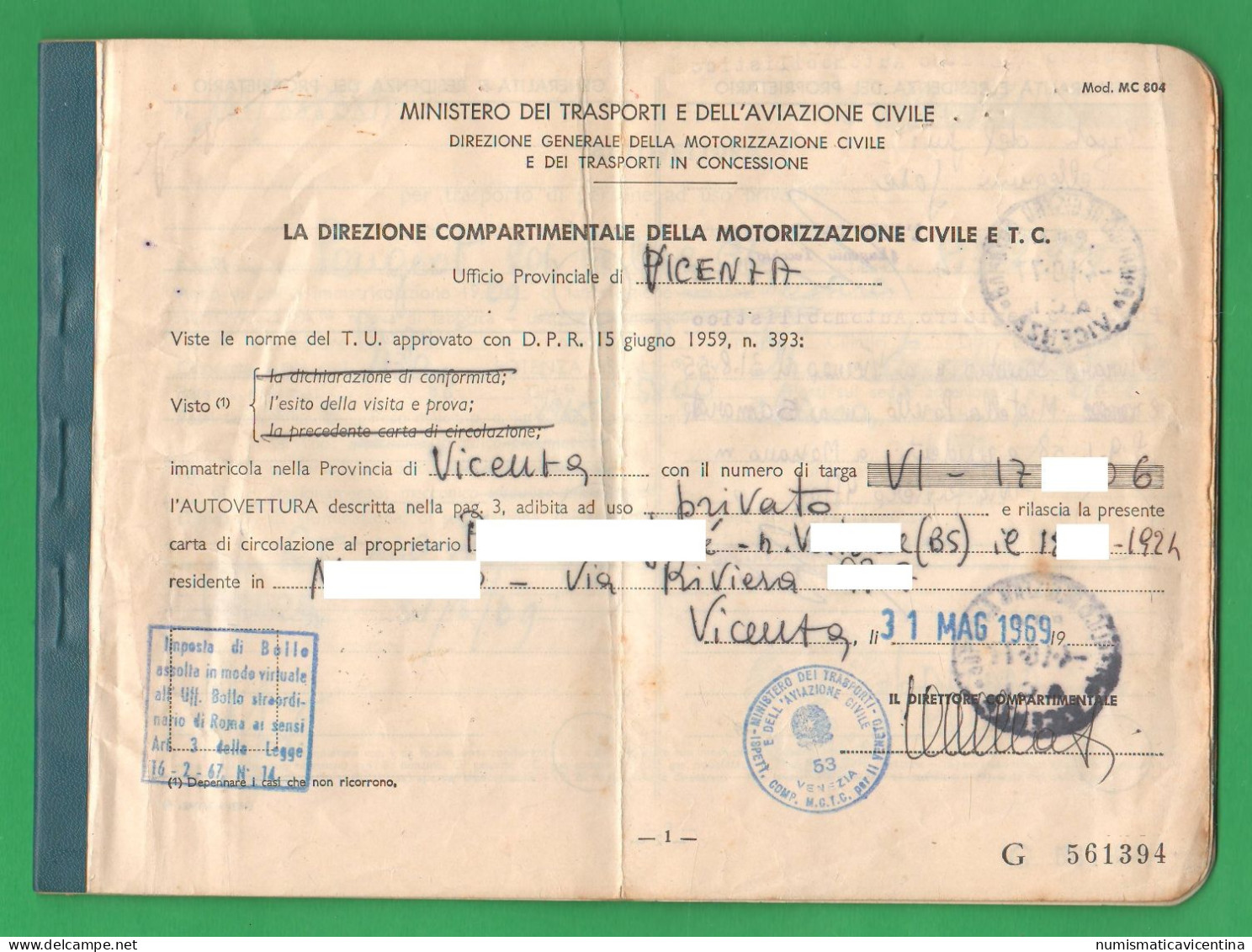 Libretto Auto Peugeot 204 Del 1969 + Foglio Complementare Documenti Auto Carte Grise Peugeot 204 Carta Circolazione - Voitures