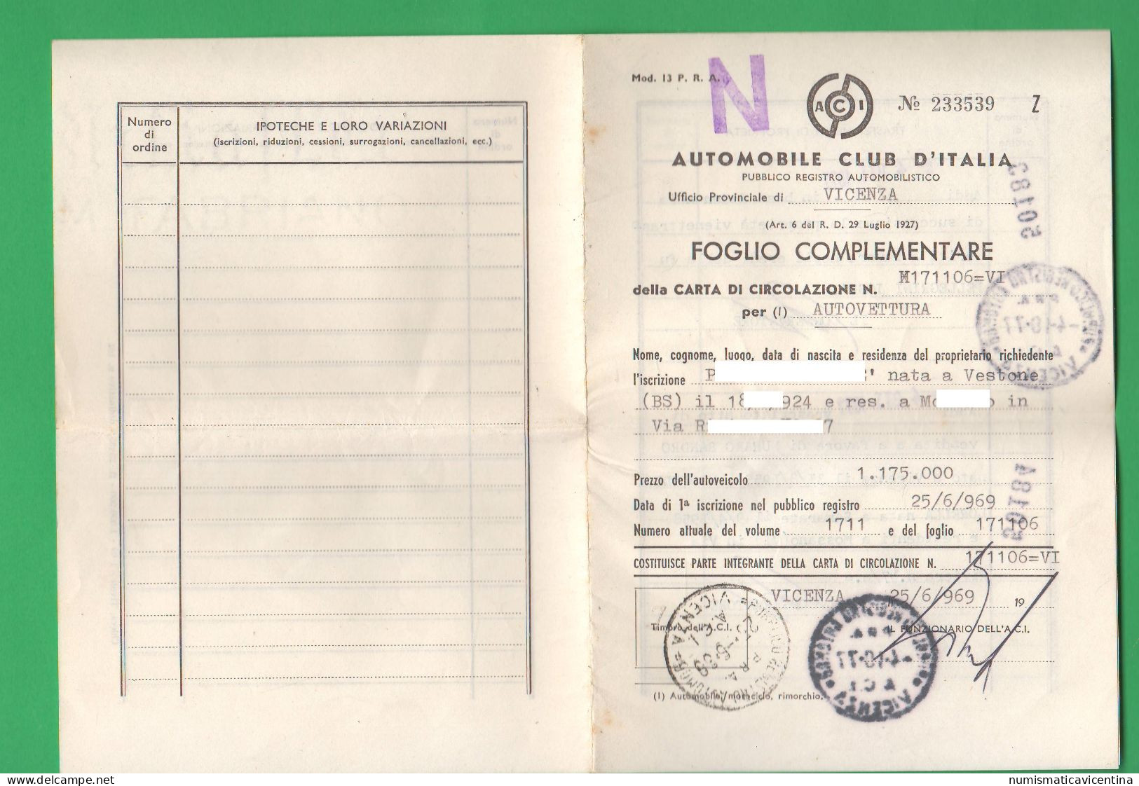 Libretto Auto Peugeot 204 Del 1969 + Foglio Complementare Documenti Auto Carte Grise Peugeot 204 Carta Circolazione - Voitures