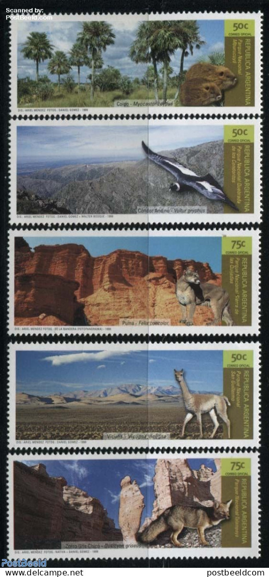 Argentina 1999 National Parks, Animals 5v, Mint NH, Nature - Animals (others & Mixed) - Birds - Birds Of Prey - Cat Fa.. - Neufs