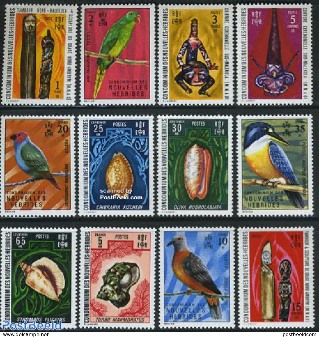 New Hebrides 1972 Definitives 12v F, Mint NH, Nature - Birds - Parrots - Shells & Crustaceans - Art - Art & Antique Ob.. - Neufs