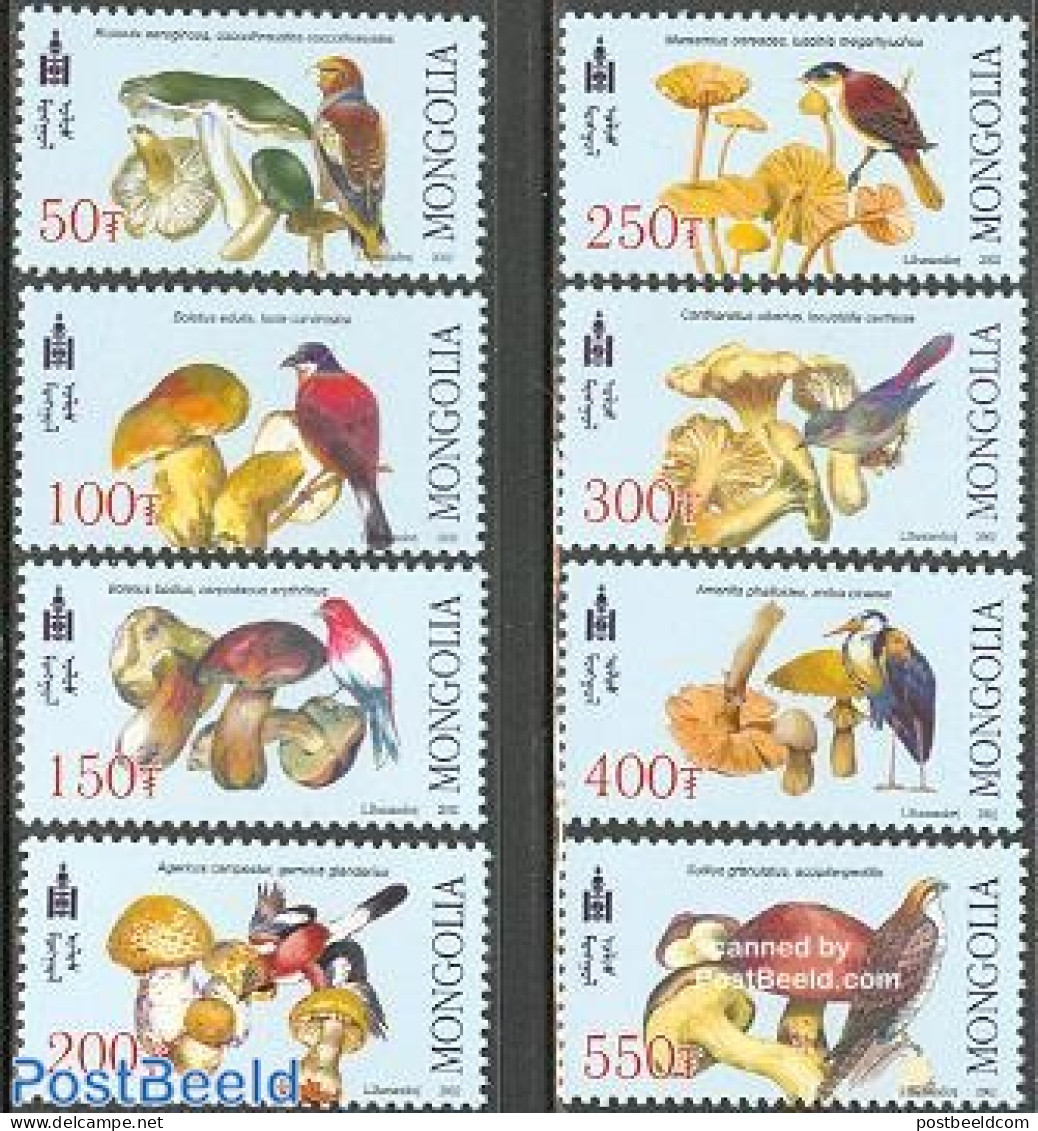 Mongolia 2002 Birds & Mushrooms 8v, Mint NH, Nature - Birds - Birds Of Prey - Mushrooms - Hongos