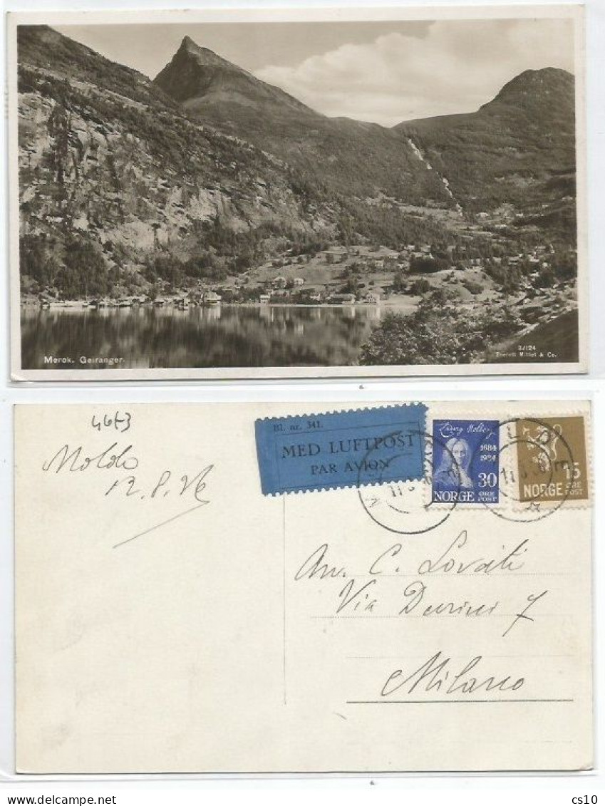 Norway Norge B/w Pcard Merok Geiranger Via Airmail Luftpost Molde 12aug1936 X Italy With Holberg O30+ Lion O15 - Storia Postale