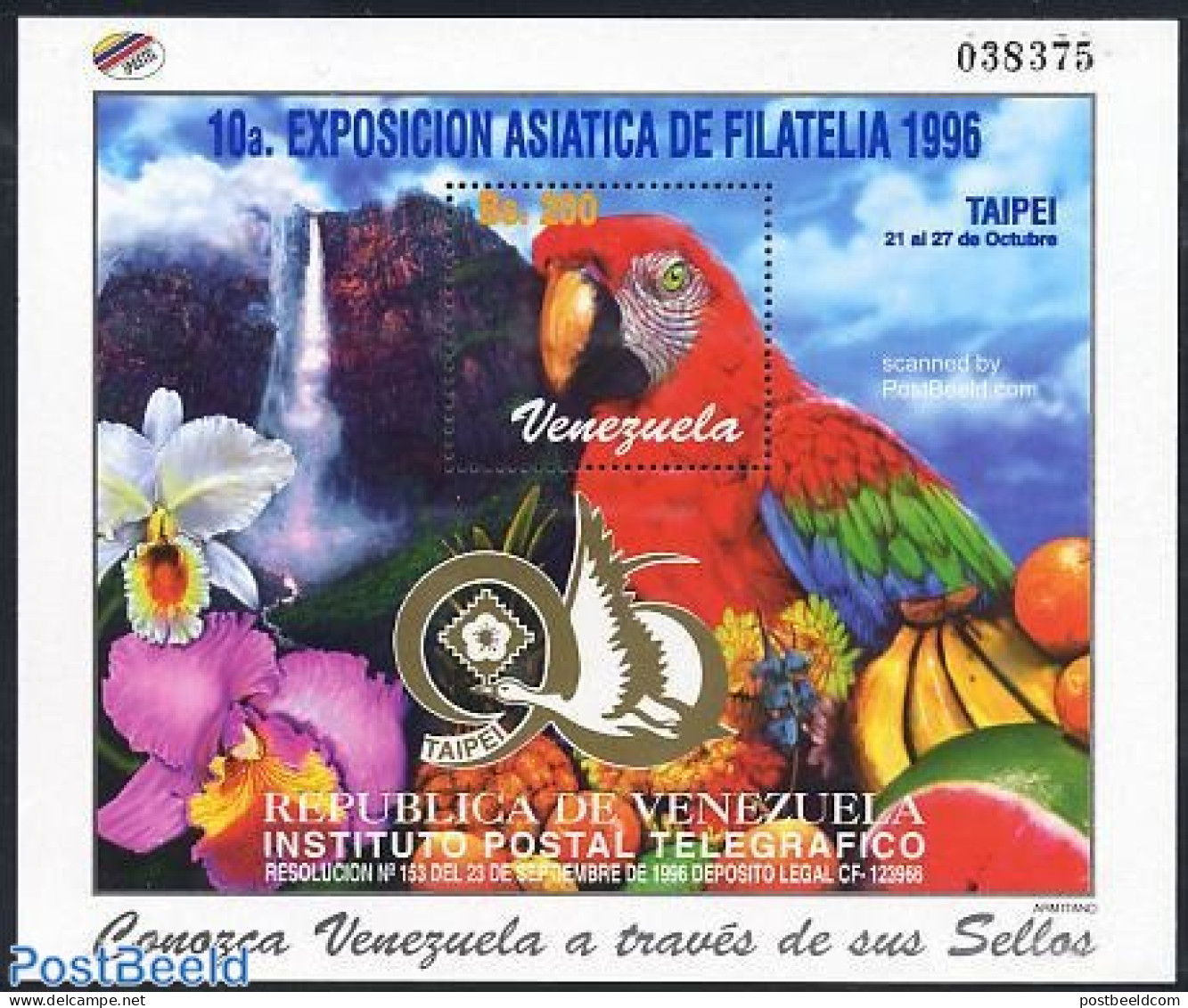 Venezuela 1996 Taipei S/s, Mint NH, Nature - Birds - Flowers & Plants - Fruit - Orchids - Parrots - Philately - Frutas